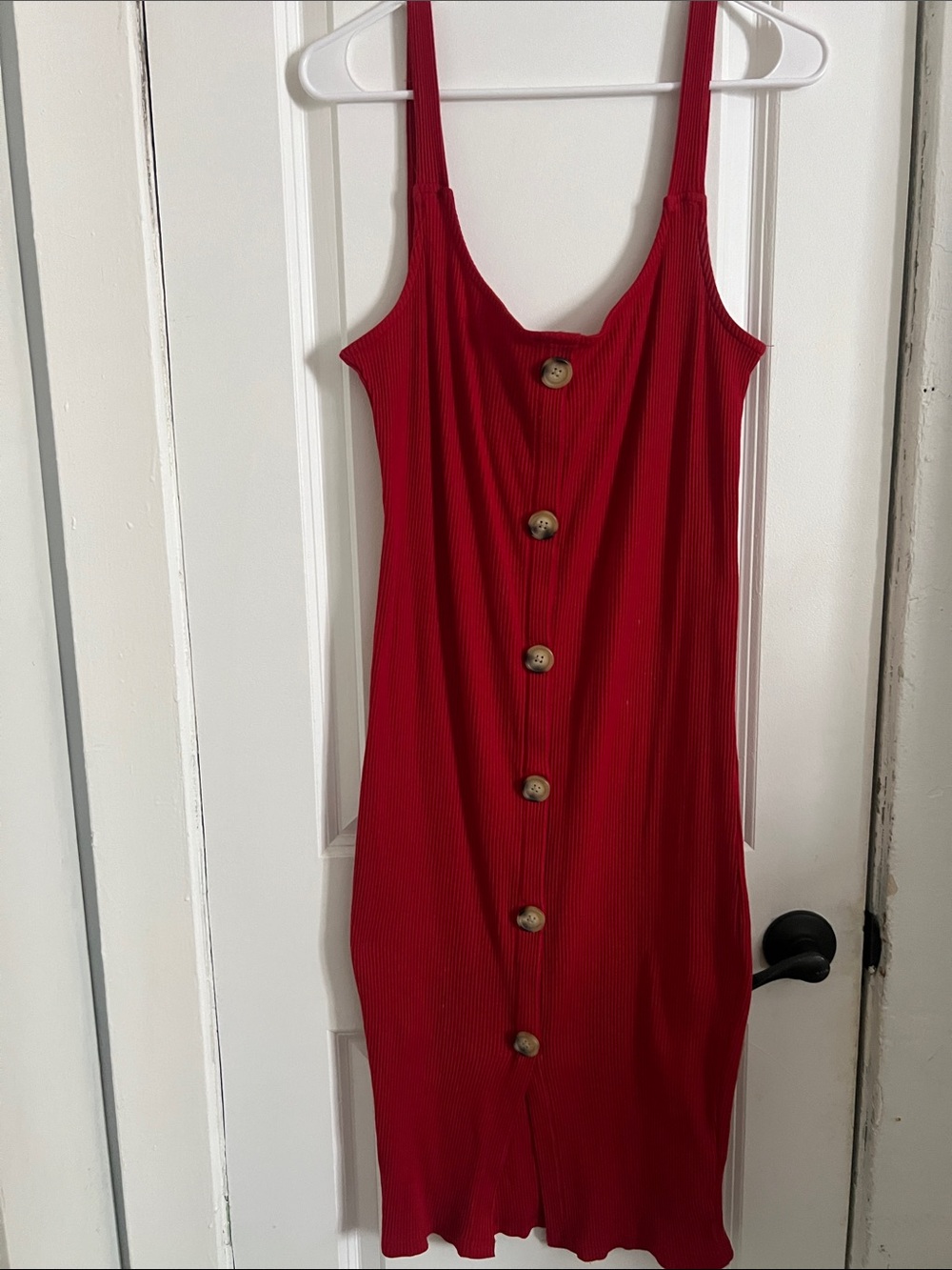Red Button-Front Ribbed Tank Dress